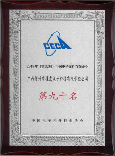 2019年获第32届中国电子元件百强企业第九十名奖