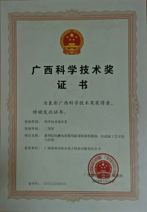 2016年3月广西科学技术奖二等奖证书