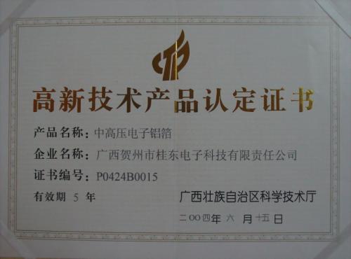 2004年 高新技术产品认定证书